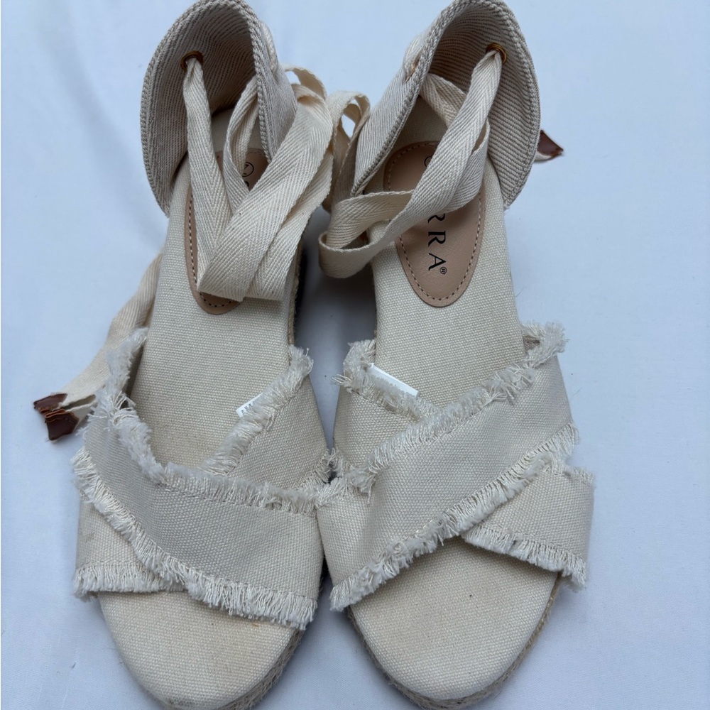 Serra Cream Espadrille Wedges with Textured Fabric Tie Up Boho